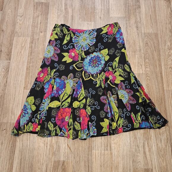 Vtg Chicos Floral Silk Midi Skirt Womens 2/Medium Black Ruffle Boho Artsy Grunge - Picture 5 of 8